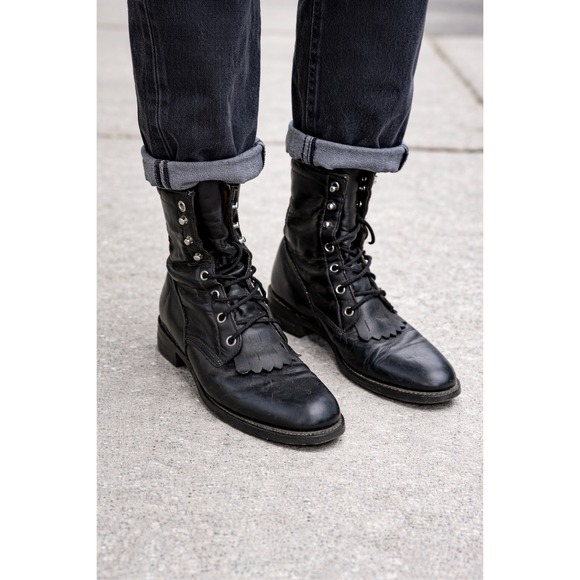 Justin Shoes - Justin Womens Black Leather Lace Up Kiltie Western Boots Style 506 Size 6.5 B